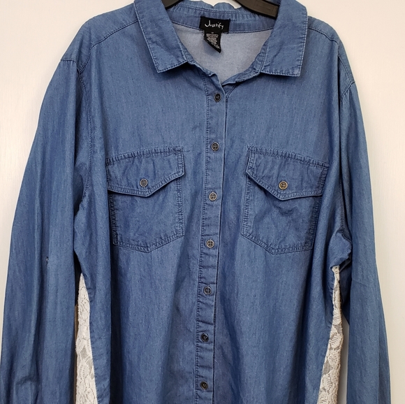 Justify denim with lace back button up shirt plus size - Picture 1 of 7